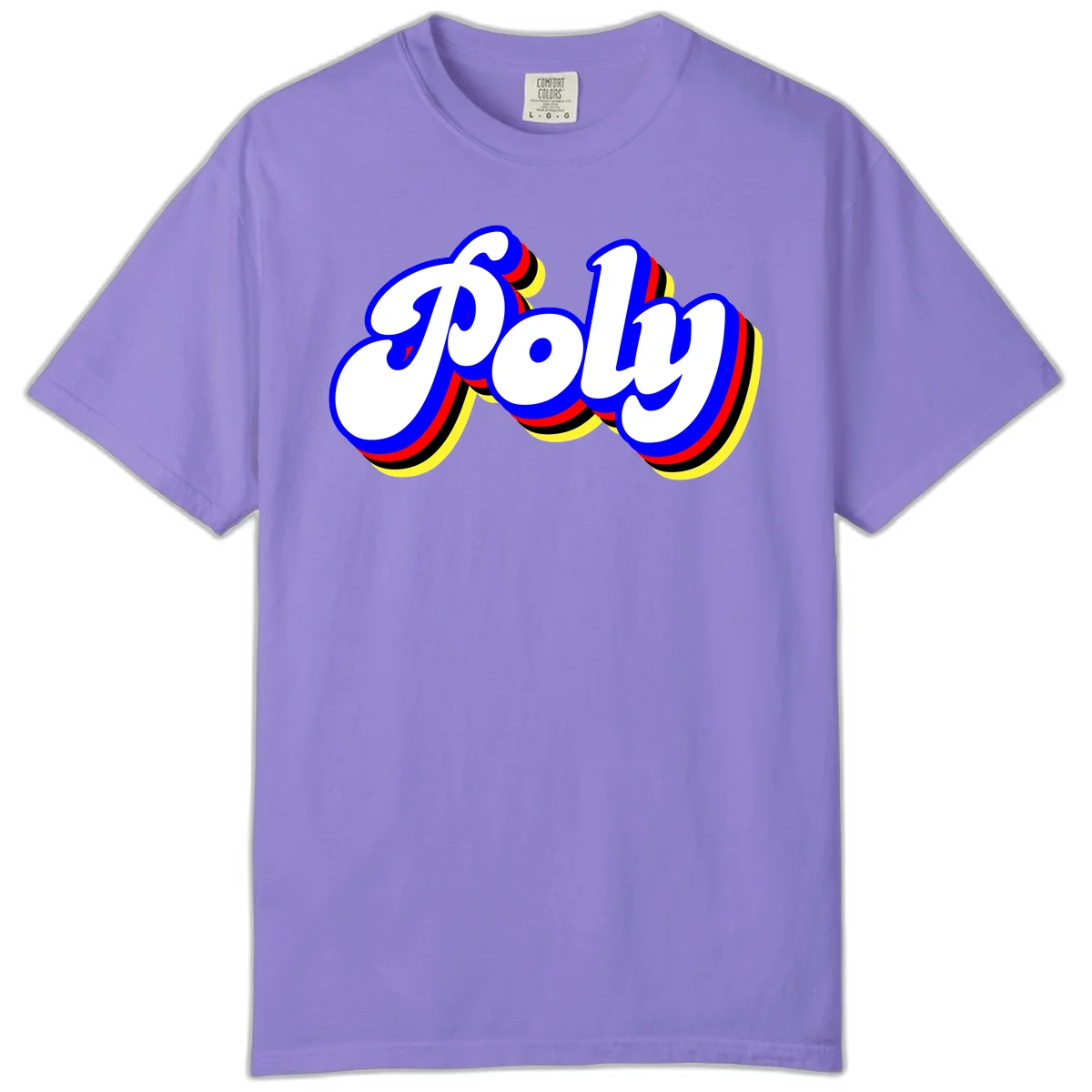 Bold retro 'POP' text with 3D blue outline and colorful red, yellow, black striped bands on gray background in Violet
