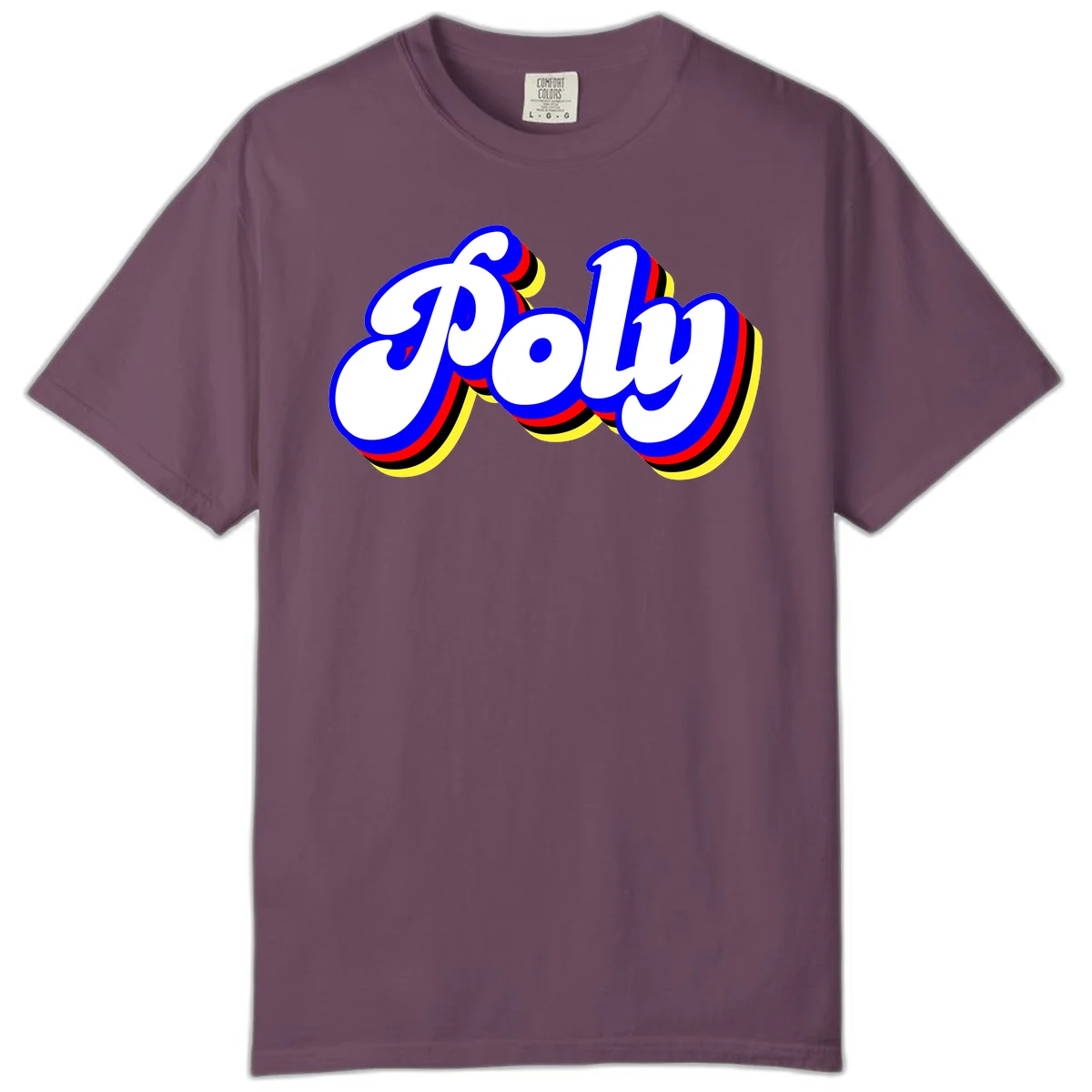 Bold retro 'POP' text with 3D blue outline and colorful red, yellow, black striped bands on gray background in Berry