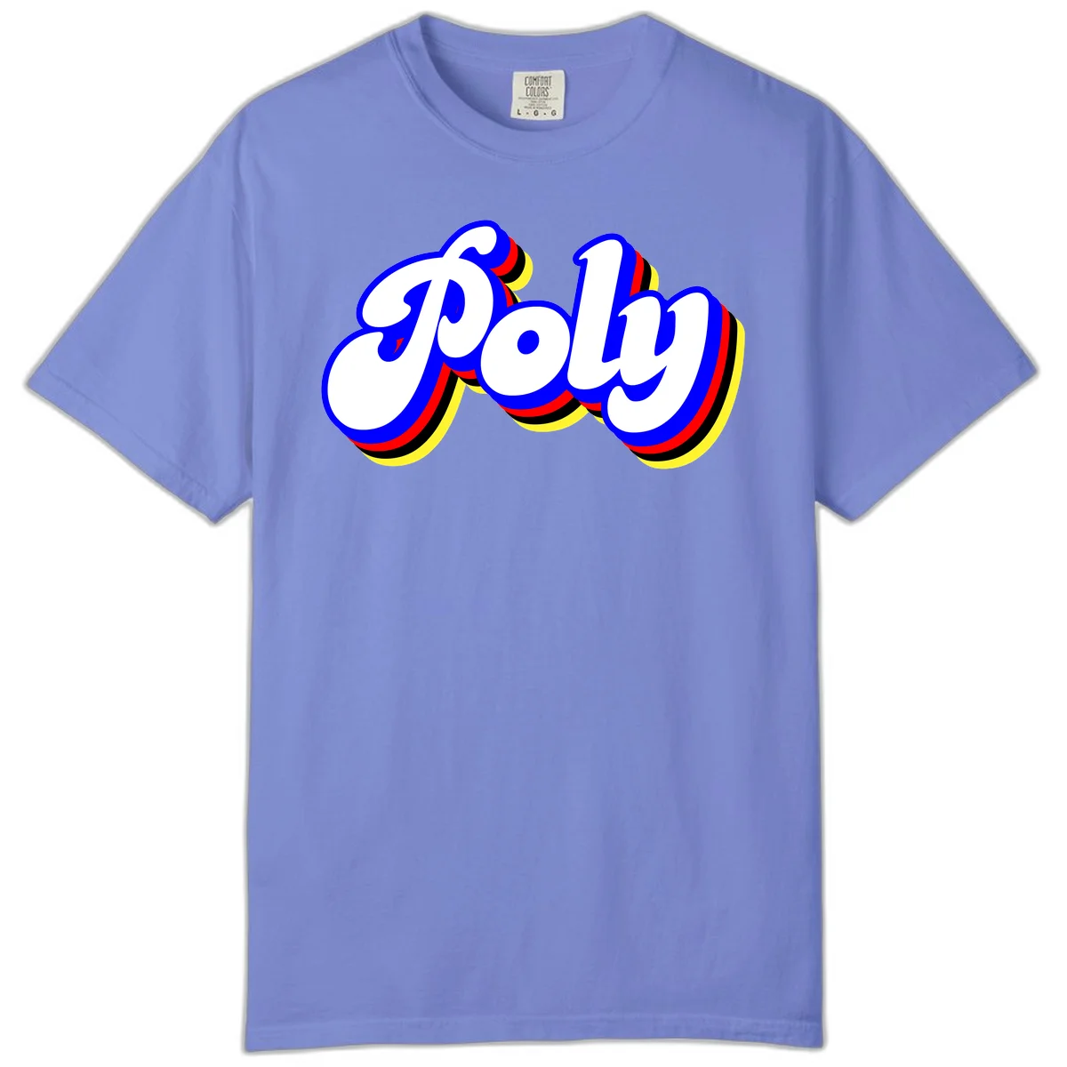 Bold retro 'POP' text with 3D blue outline and colorful red, yellow, black striped bands on gray background in Flo Blue
