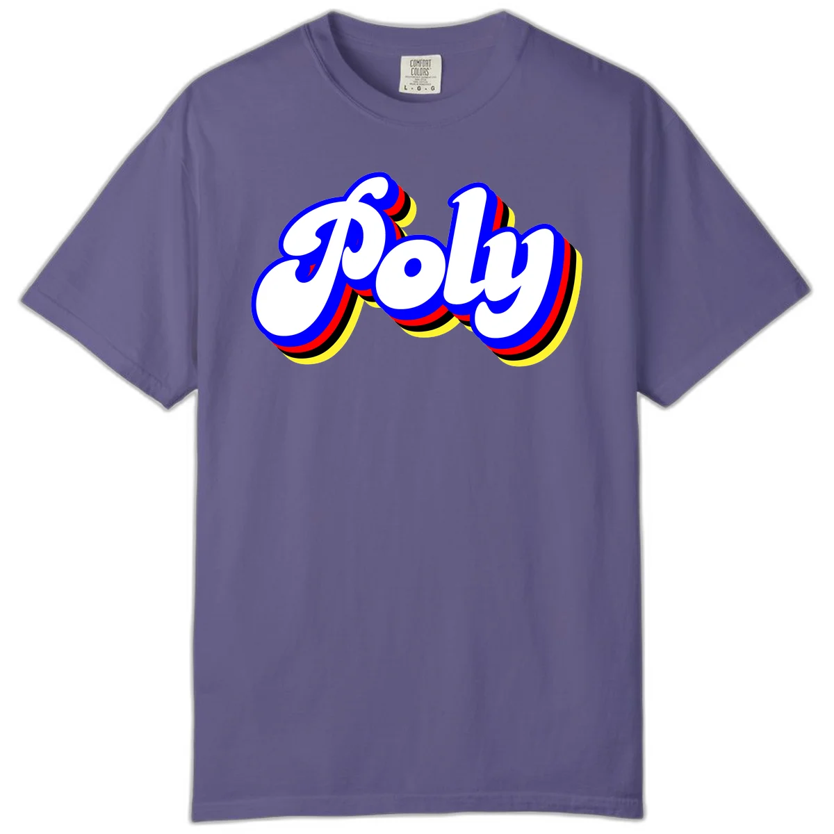 Bold retro 'POP' text with 3D blue outline and colorful red, yellow, black striped bands on gray background in Grape