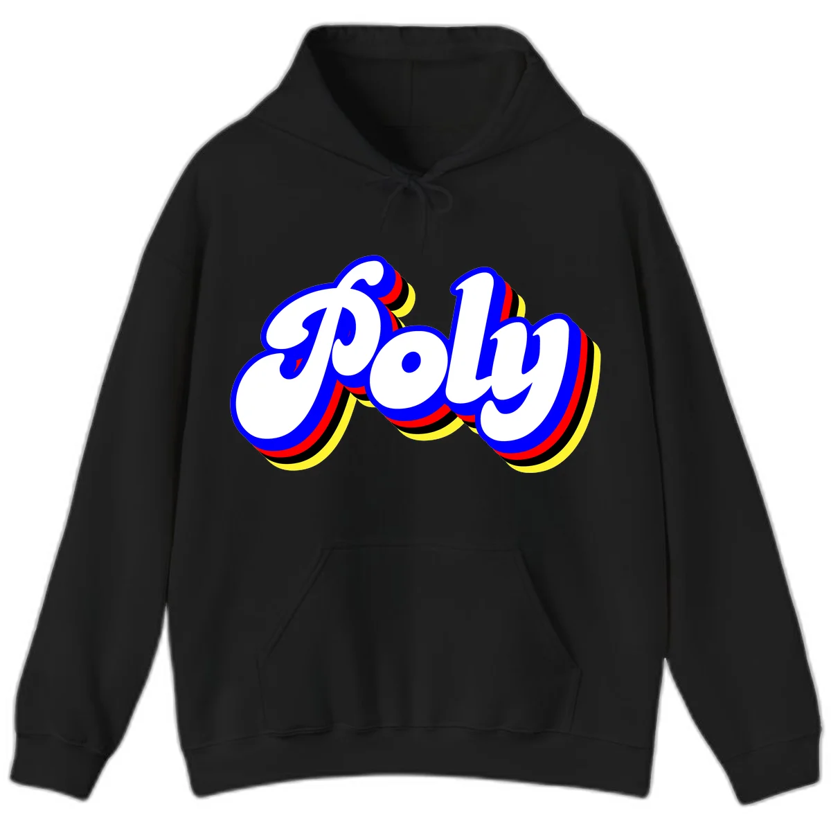 Bold retro 'POP' text with 3D blue outline and colorful red, yellow, black striped bands on gray background in Black