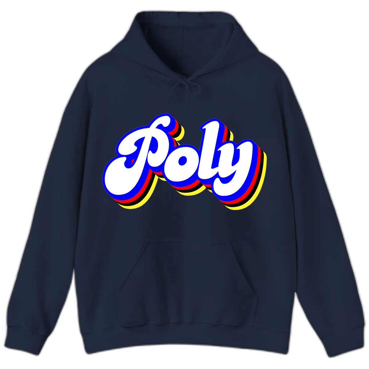 Bold retro 'POP' text with 3D blue outline and colorful red, yellow, black striped bands on gray background in Navy