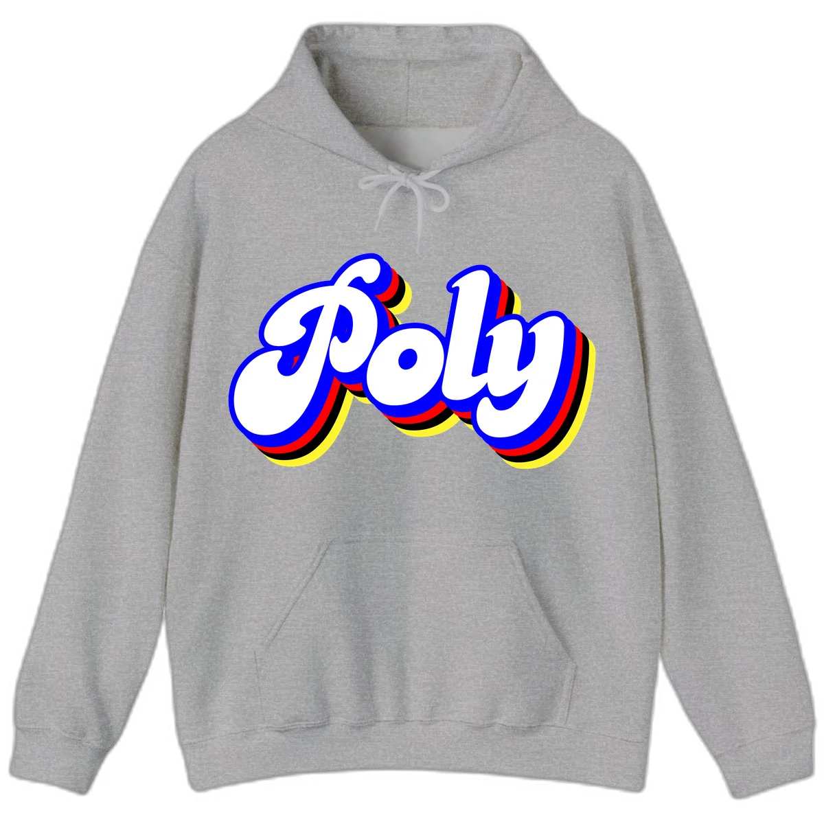 Bold retro 'POP' text with 3D blue outline and colorful red, yellow, black striped bands on gray background in Sport Grey