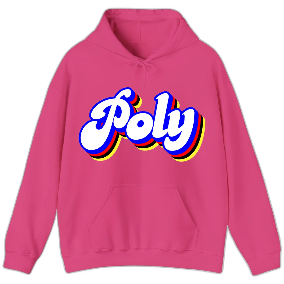 Bold retro 'POP' text with 3D blue outline and colorful red, yellow, black striped bands on gray background in Heliconia