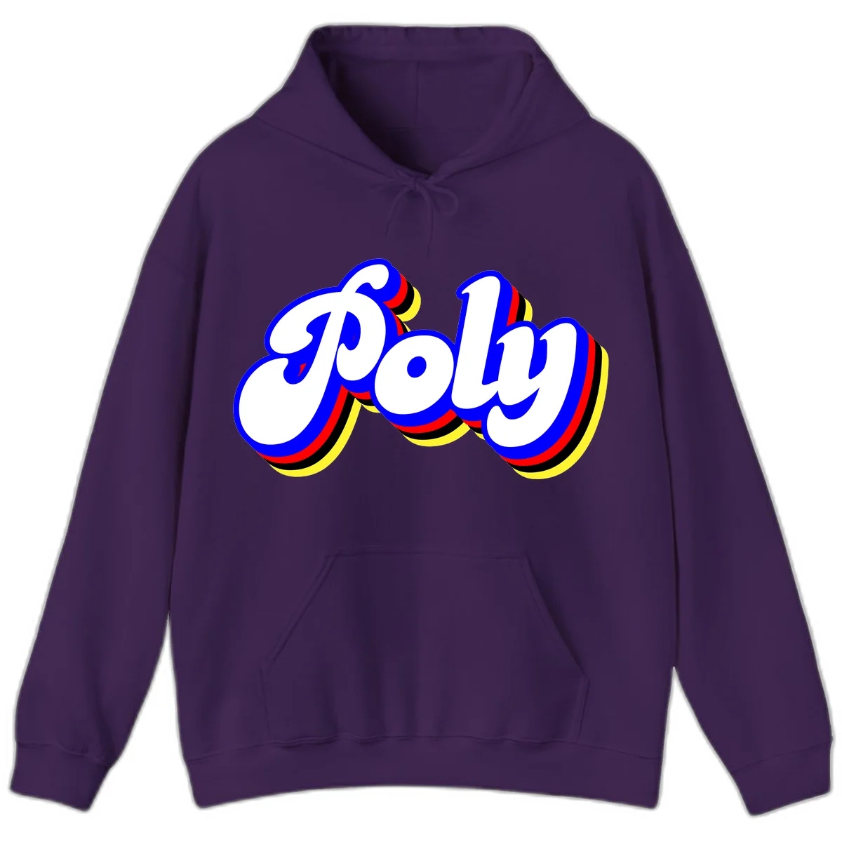Bold retro 'POP' text with 3D blue outline and colorful red, yellow, black striped bands on gray background in Purple