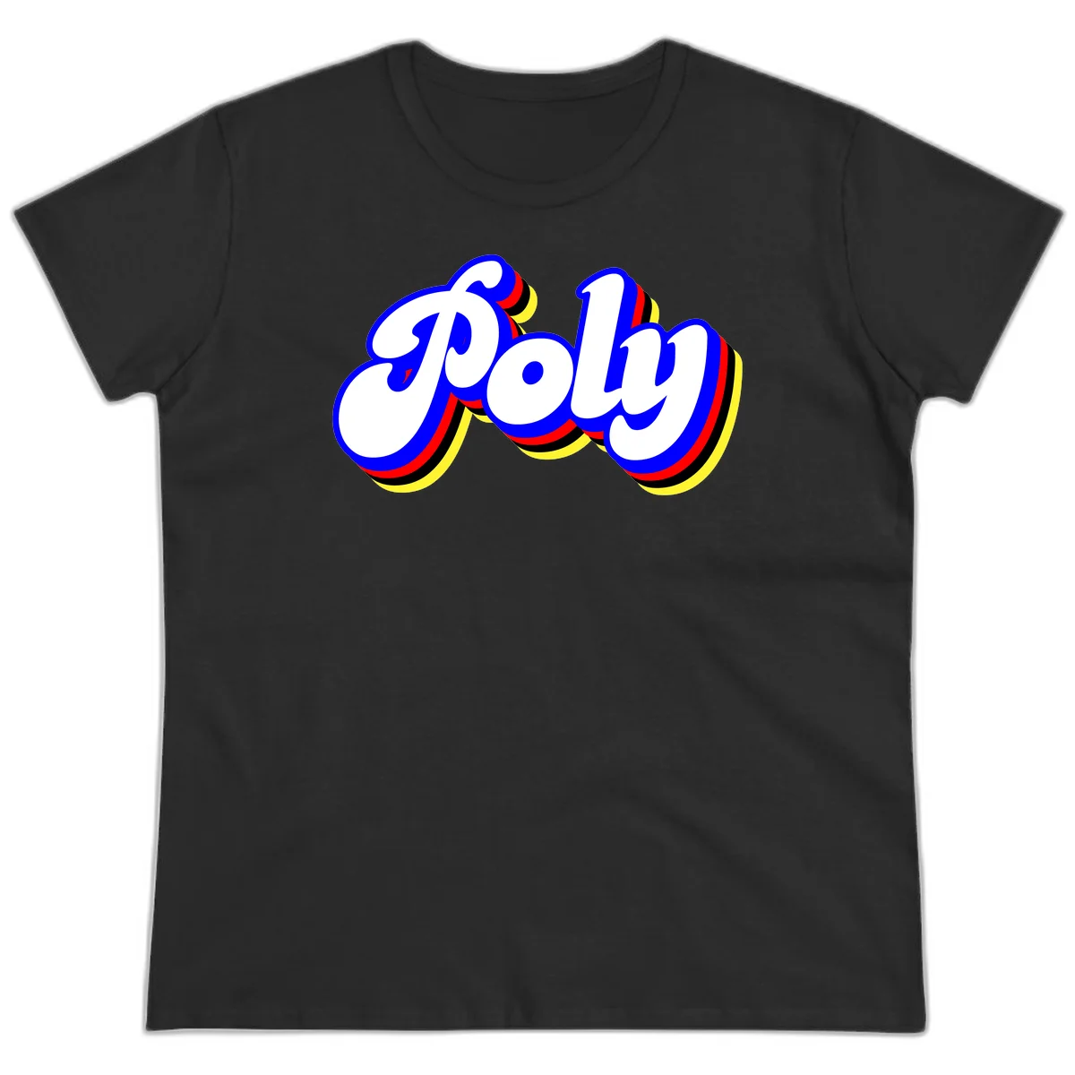 Bold retro 'POP' text with 3D blue outline and colorful red, yellow, black striped bands on gray background in Black