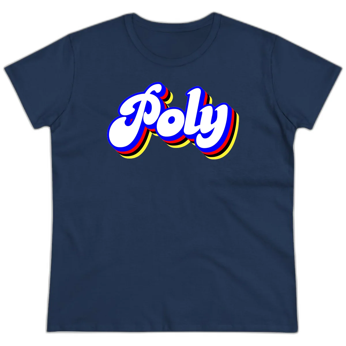 Bold retro 'POP' text with 3D blue outline and colorful red, yellow, black striped bands on gray background in Navy
