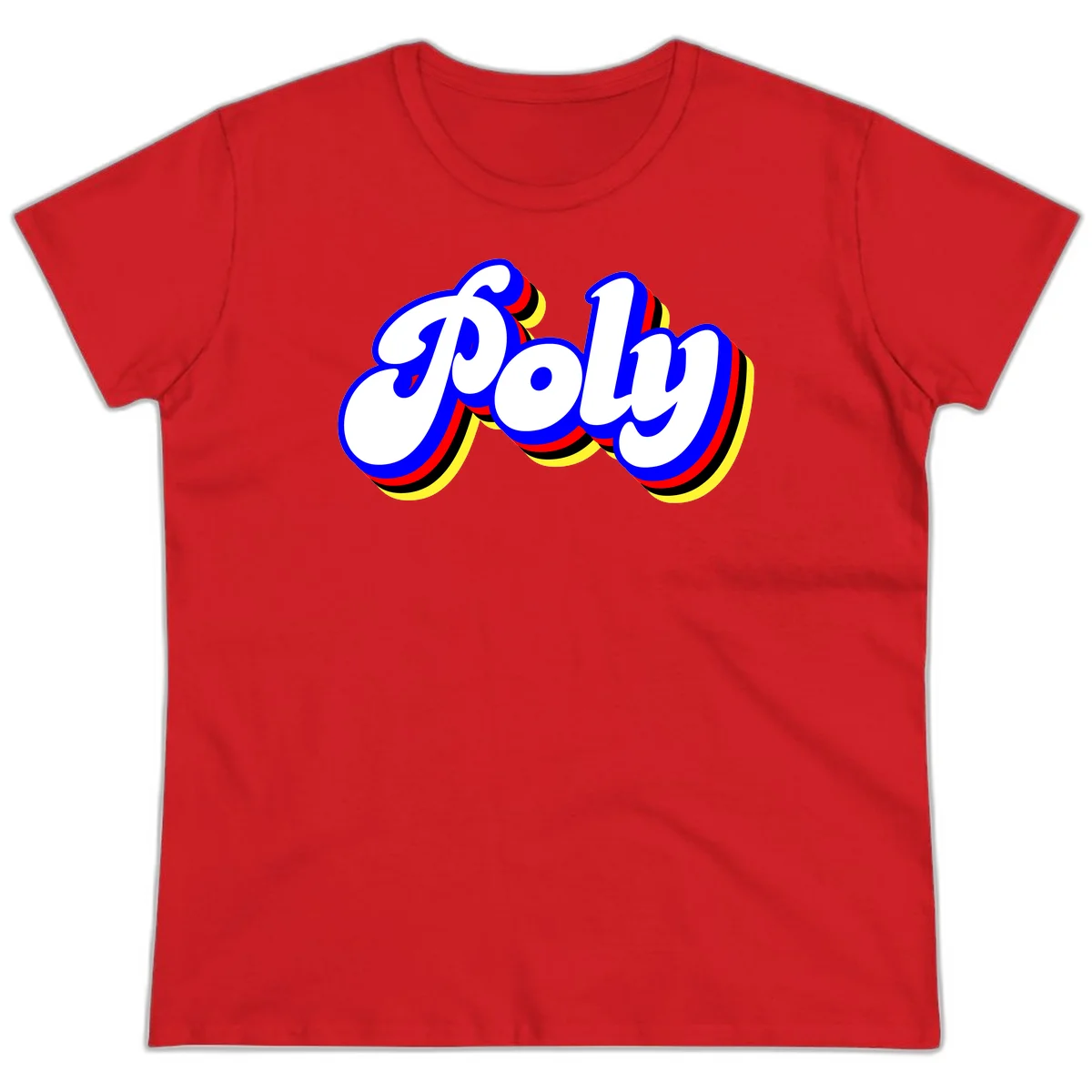 Bold retro 'POP' text with 3D blue outline and colorful red, yellow, black striped bands on gray background in Red
