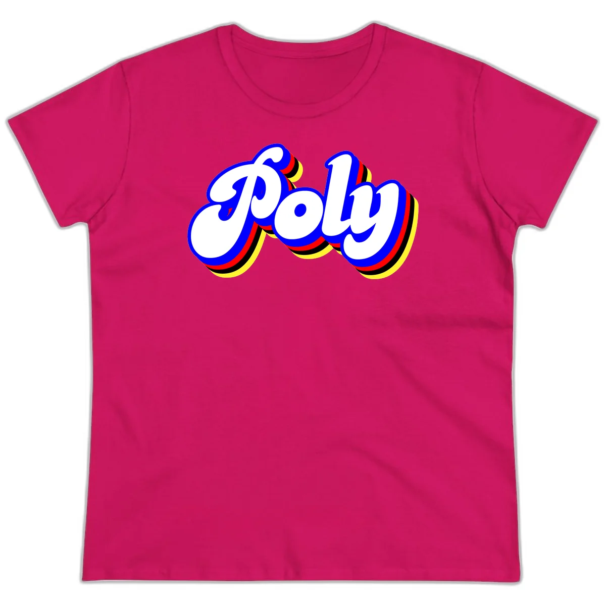 Bold retro 'POP' text with 3D blue outline and colorful red, yellow, black striped bands on gray background in Heliconia