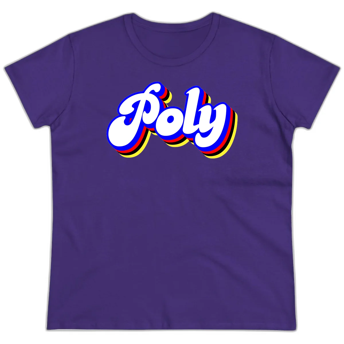 Bold retro 'POP' text with 3D blue outline and colorful red, yellow, black striped bands on gray background in Purple