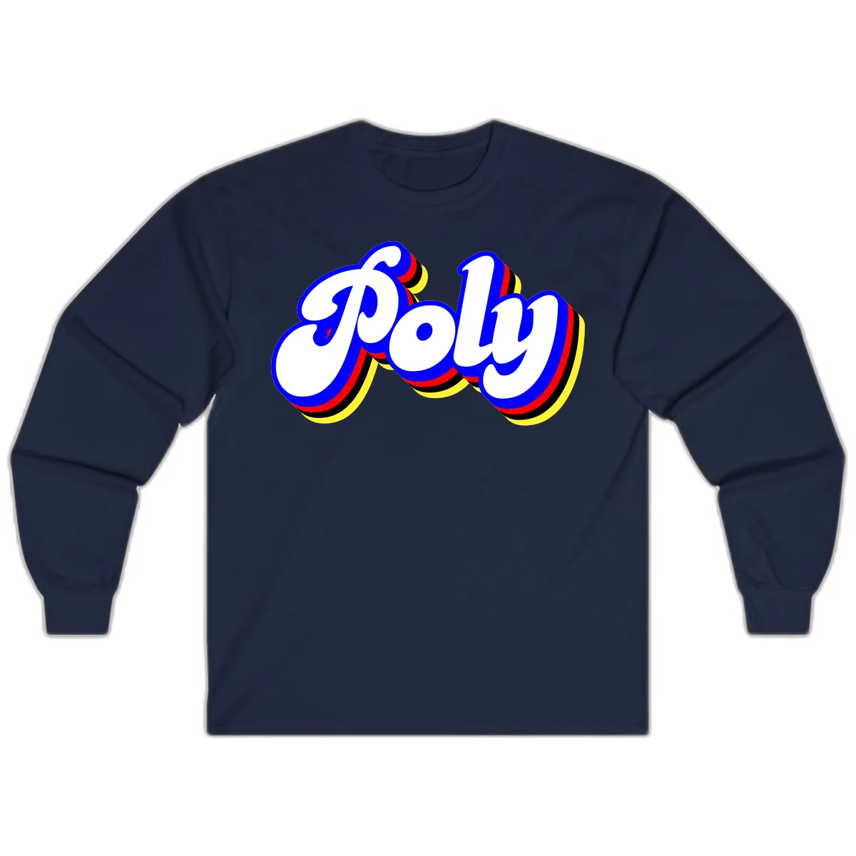 Bold retro 'POP' text with 3D blue outline and colorful red, yellow, black striped bands on gray background in Navy