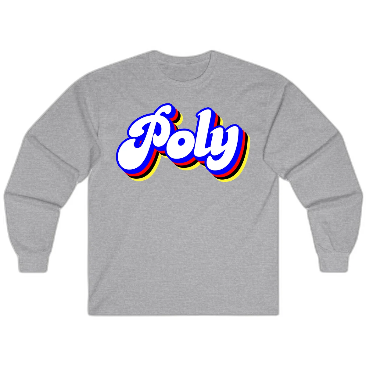 Bold retro 'POP' text with 3D blue outline and colorful red, yellow, black striped bands on gray background in Sport Grey