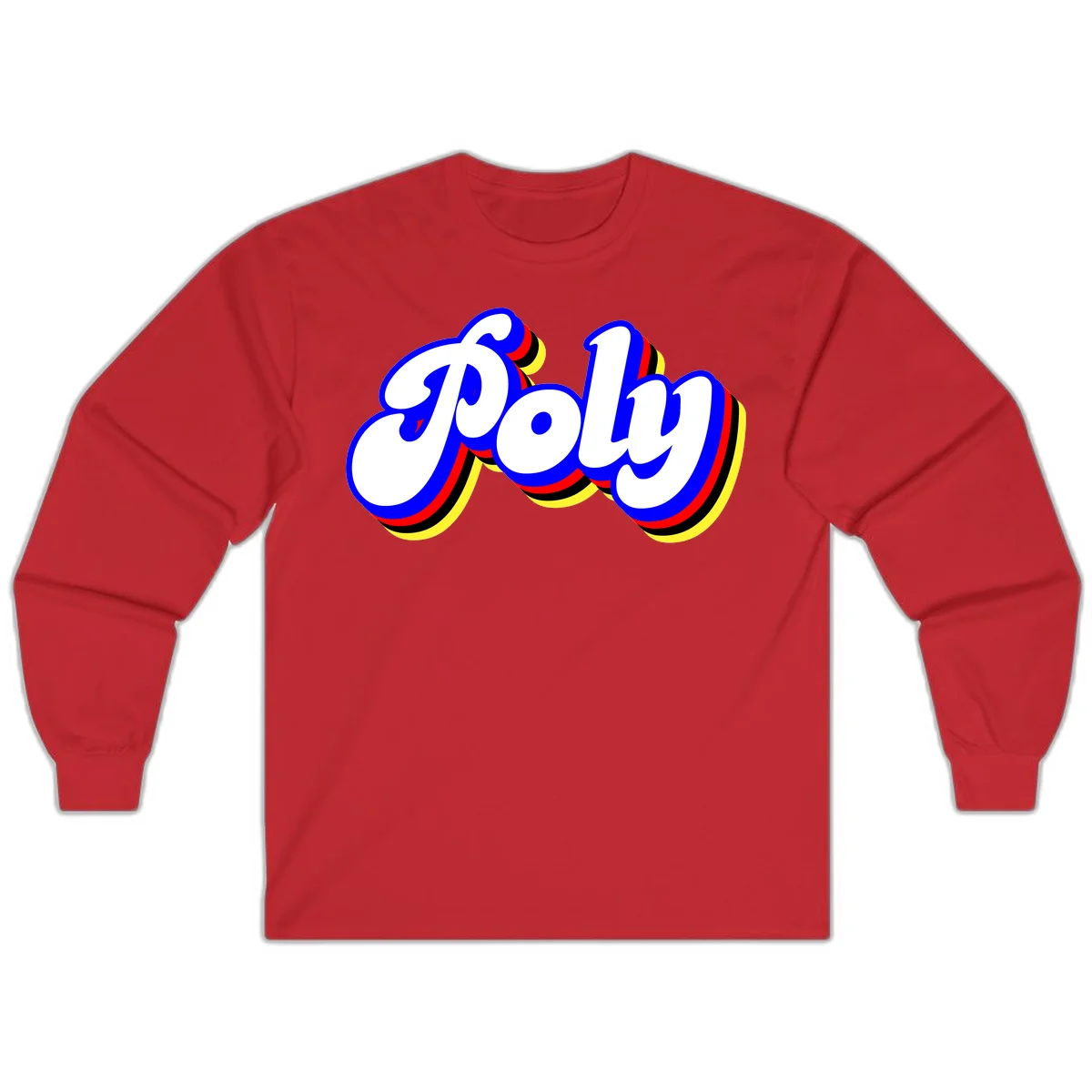 Bold retro 'POP' text with 3D blue outline and colorful red, yellow, black striped bands on gray background in Red