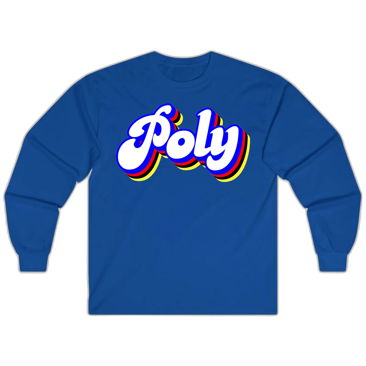 Bold retro 'POP' text with 3D blue outline and colorful red, yellow, black striped bands on gray background in Royal