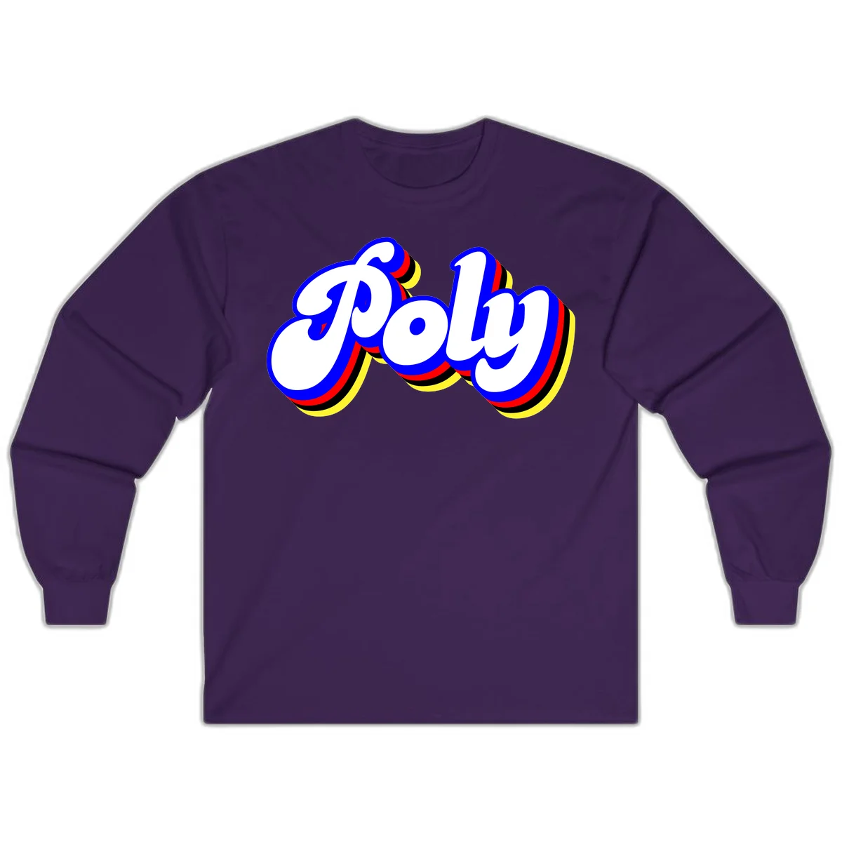 Bold retro 'POP' text with 3D blue outline and colorful red, yellow, black striped bands on gray background in Purple