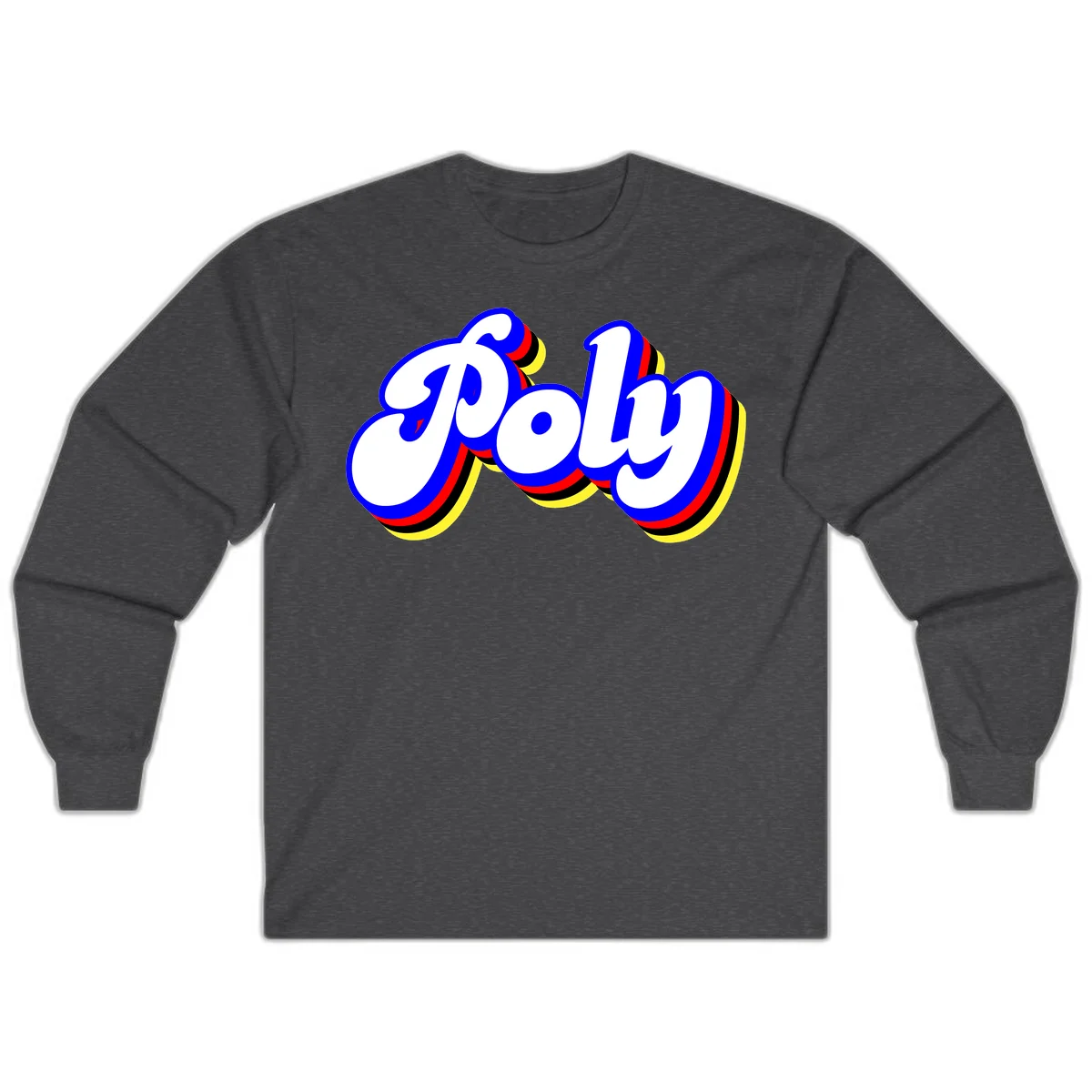 Bold retro 'POP' text with 3D blue outline and colorful red, yellow, black striped bands on gray background in Dark Heather