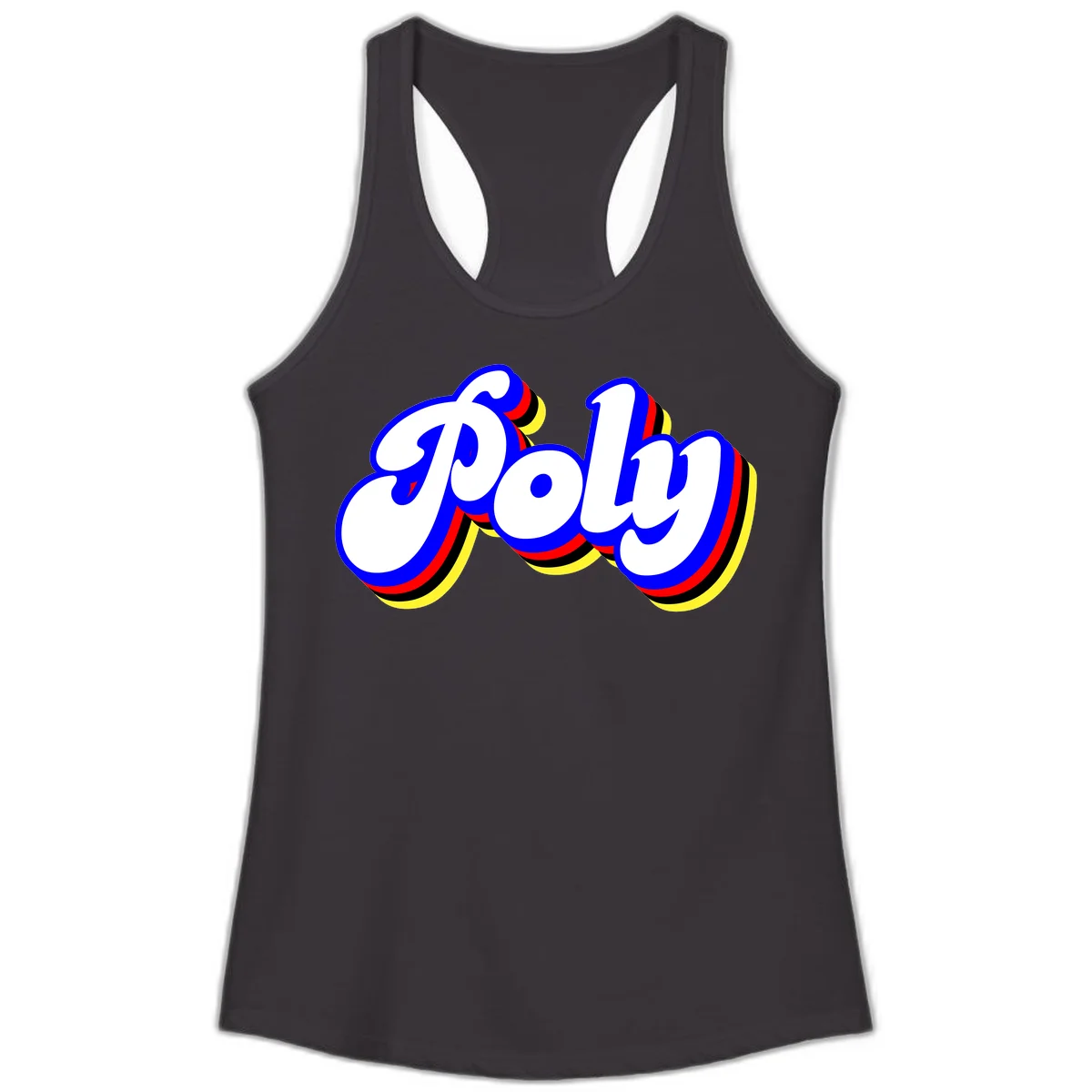 Bold retro 'POP' text with 3D blue outline and colorful red, yellow, black striped bands on gray background in Black