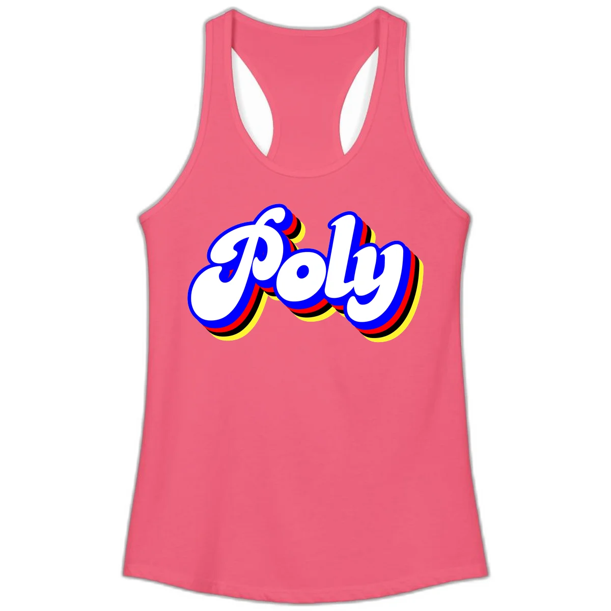 Bold retro 'POP' text with 3D blue outline and colorful red, yellow, black striped bands on gray background in Hot Pink