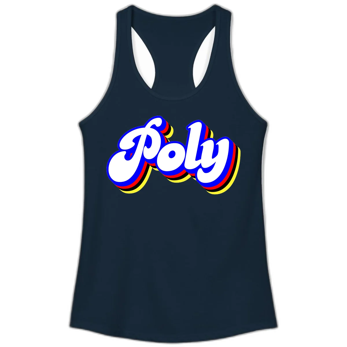 Bold retro 'POP' text with 3D blue outline and colorful red, yellow, black striped bands on gray background in Solid Midnight Navy