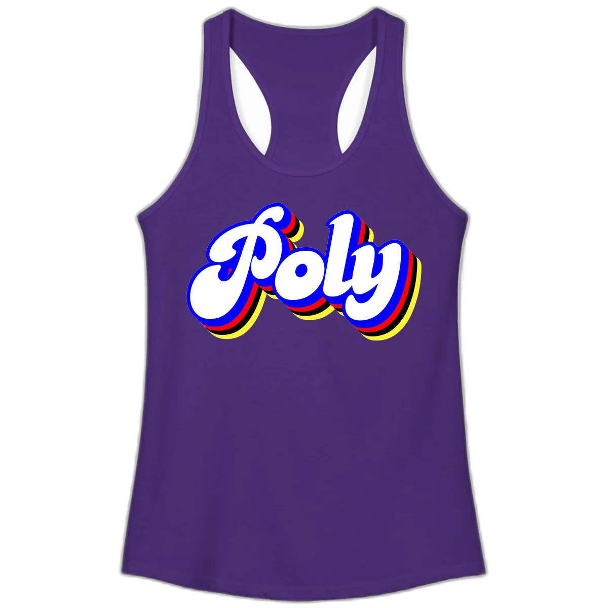 Bold retro 'POP' text with 3D blue outline and colorful red, yellow, black striped bands on gray background in Solid Purple Rush
