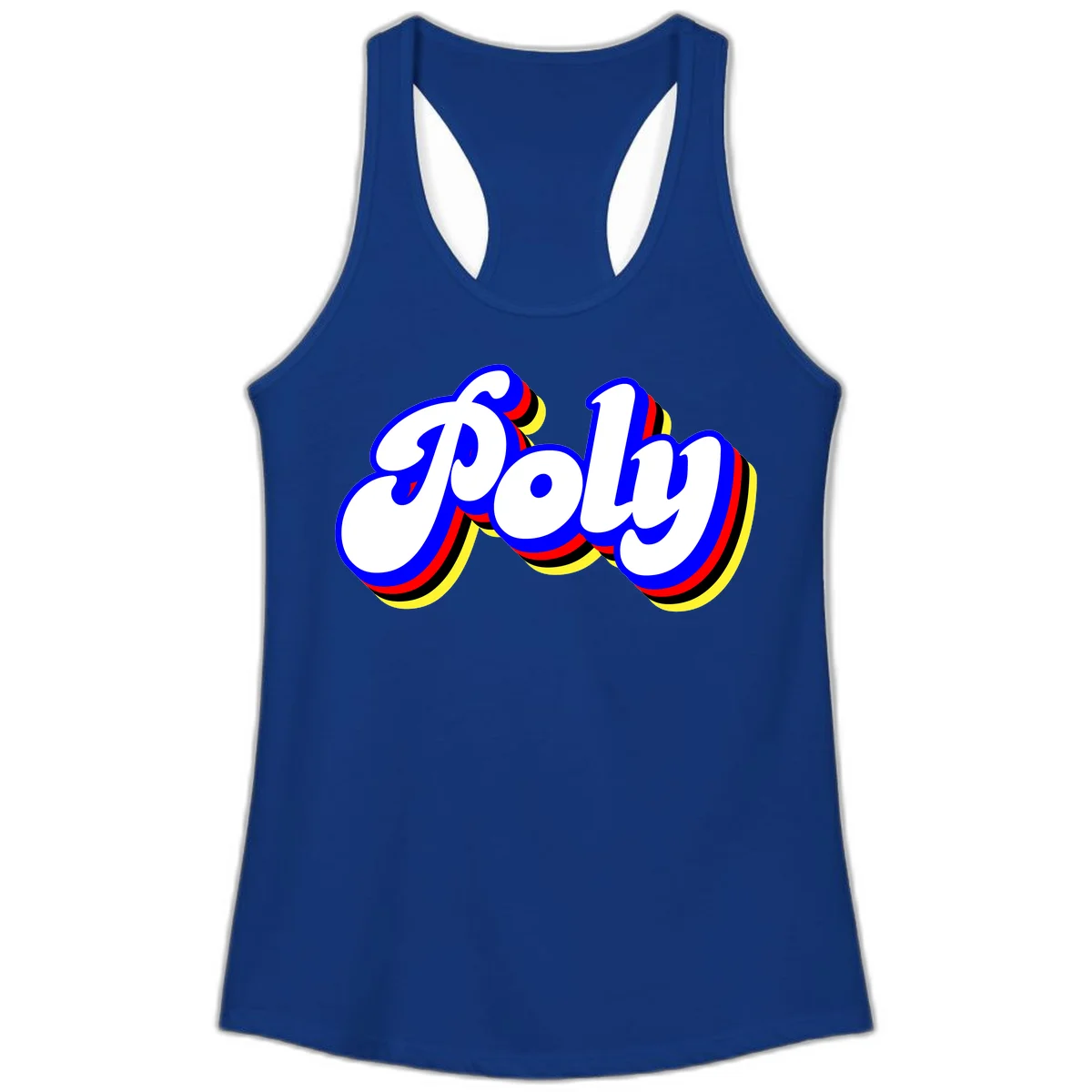 Bold retro 'POP' text with 3D blue outline and colorful red, yellow, black striped bands on gray background in Solid Royal