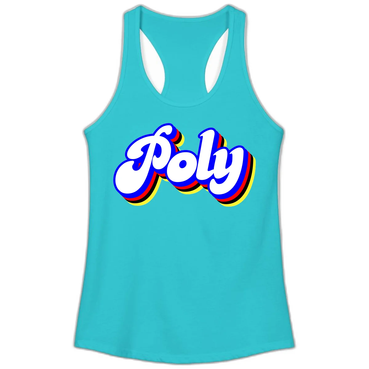 Bold retro 'POP' text with 3D blue outline and colorful red, yellow, black striped bands on gray background in Solid Tahiti Blue