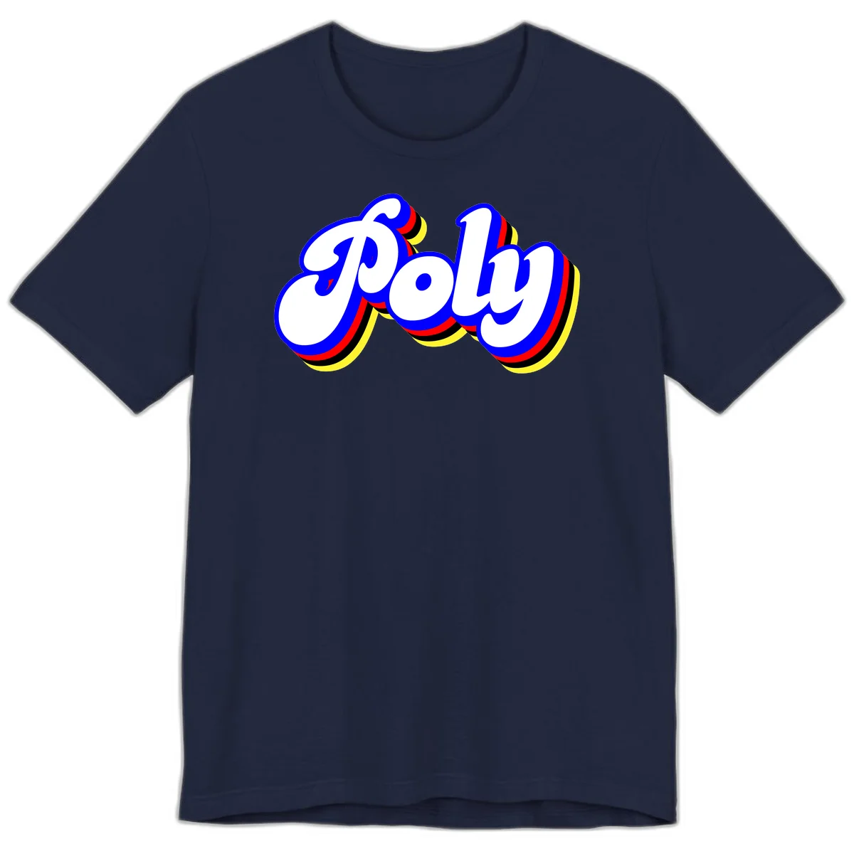 Bold retro 'POP' text with 3D blue outline and colorful red, yellow, black striped bands on gray background in Navy