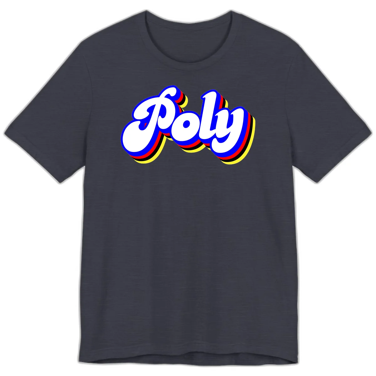 Bold retro 'POP' text with 3D blue outline and colorful red, yellow, black striped bands on gray background in Heather Midnight Navy