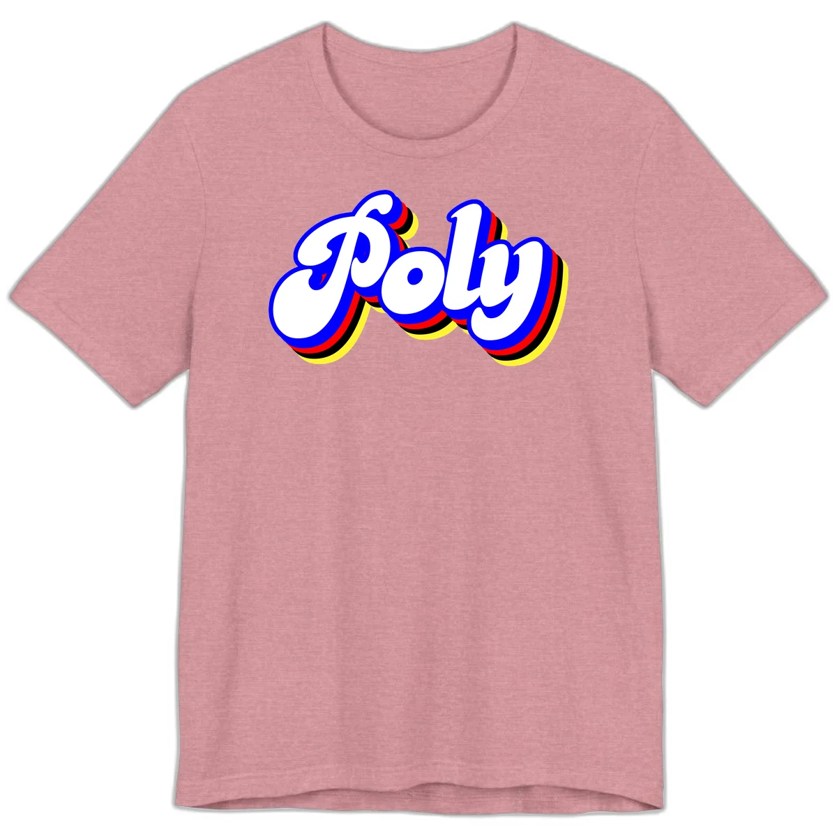 Bold retro 'POP' text with 3D blue outline and colorful red, yellow, black striped bands on gray background in Heather Orchid