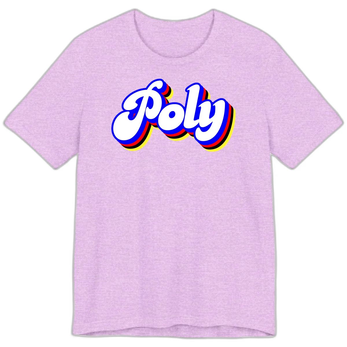 Bold retro 'POP' text with 3D blue outline and colorful red, yellow, black striped bands on gray background in Heather Prism Lilac