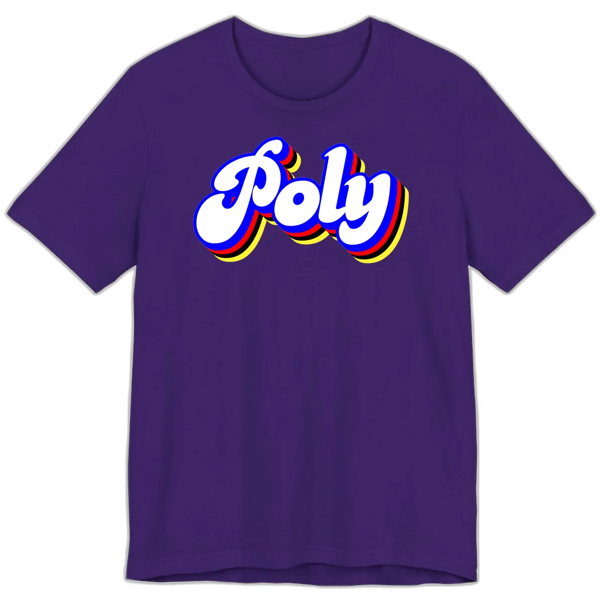 Bold retro 'POP' text with 3D blue outline and colorful red, yellow, black striped bands on gray background in Team Purple