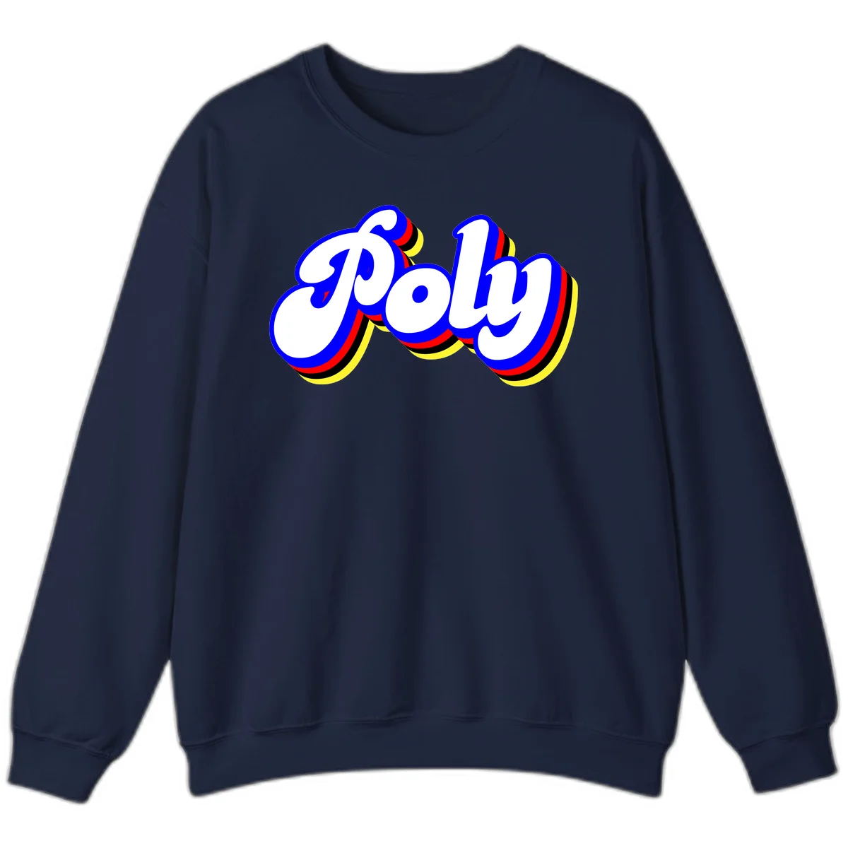 Bold retro 'POP' text with 3D blue outline and colorful red, yellow, black striped bands on gray background in Navy