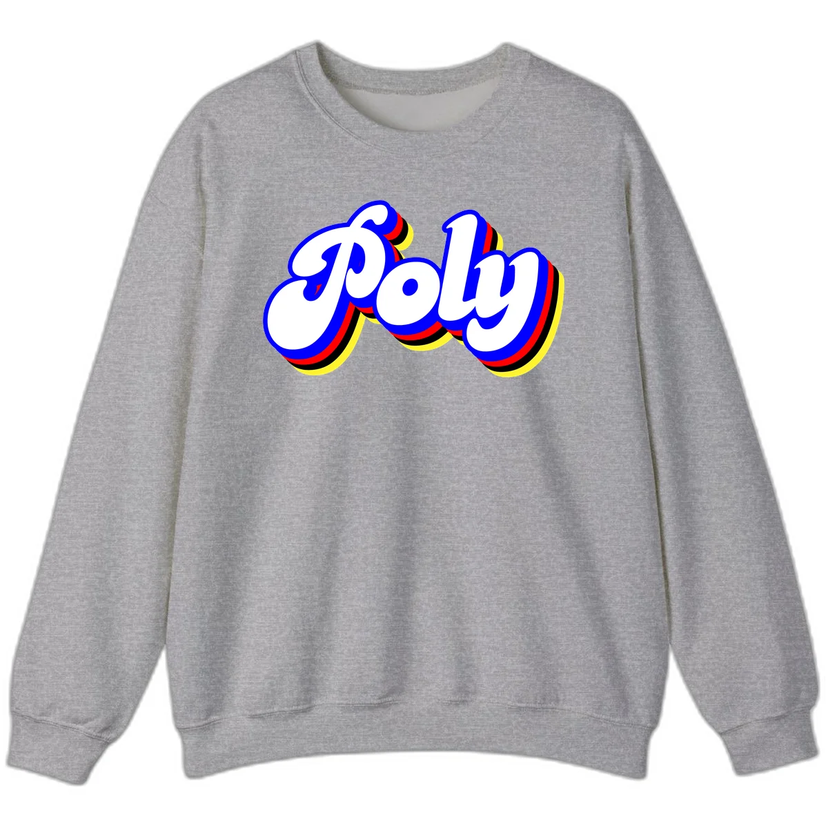 Bold retro 'POP' text with 3D blue outline and colorful red, yellow, black striped bands on gray background in Sport Grey