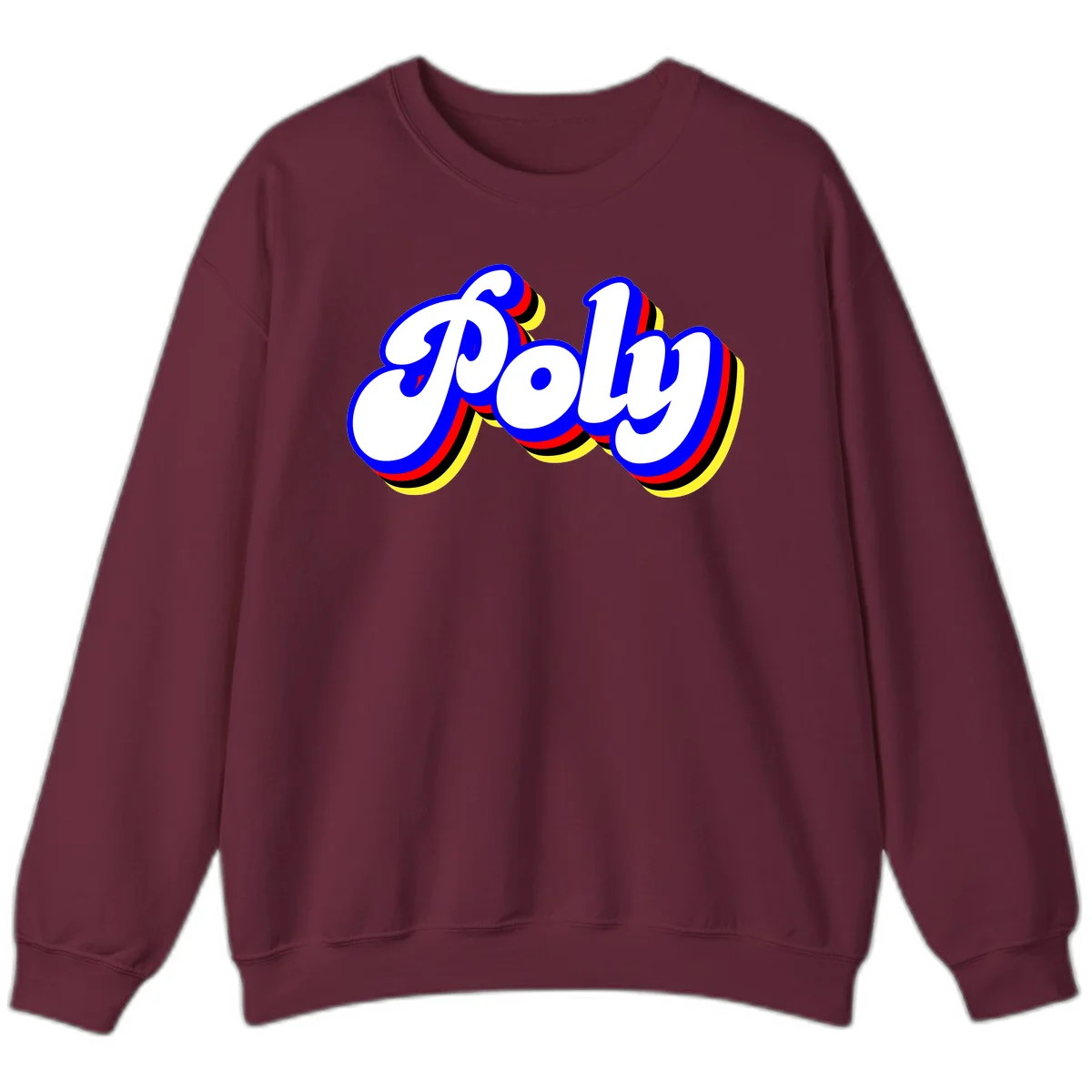 Bold retro 'POP' text with 3D blue outline and colorful red, yellow, black striped bands on gray background in Maroon