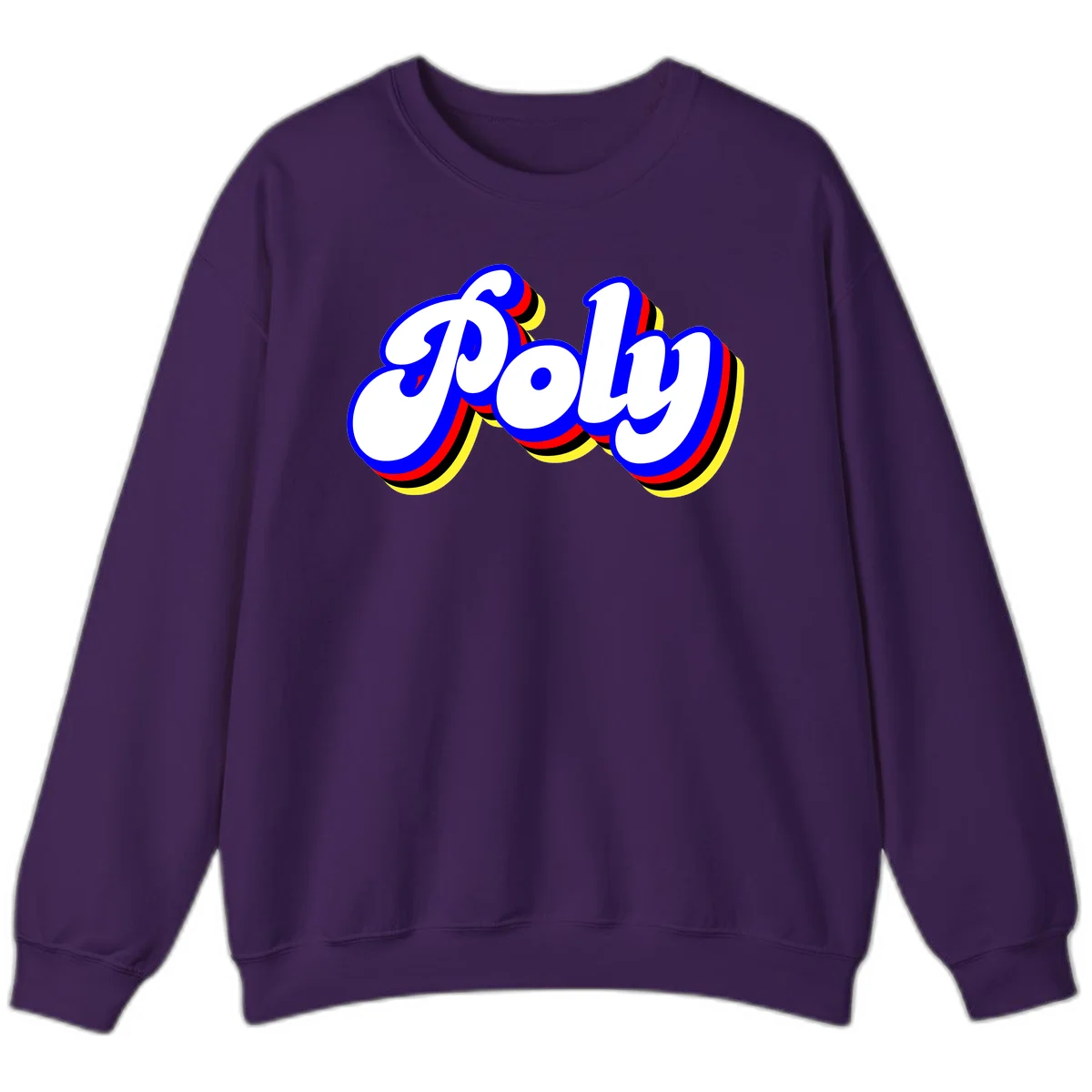 Bold retro 'POP' text with 3D blue outline and colorful red, yellow, black striped bands on gray background in Purple