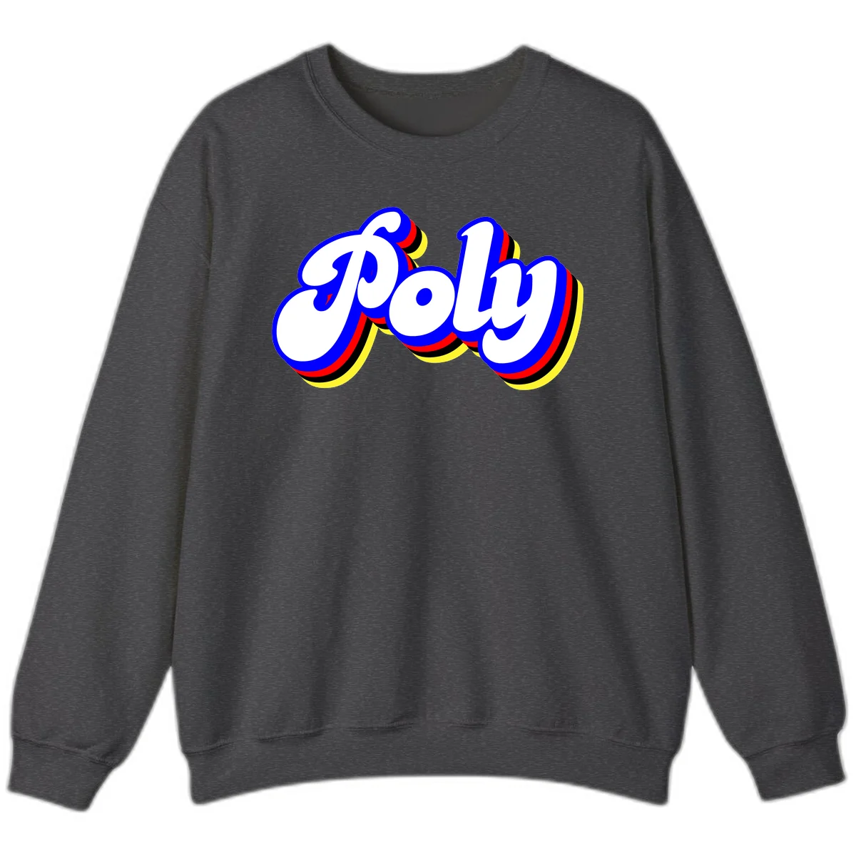 Bold retro 'POP' text with 3D blue outline and colorful red, yellow, black striped bands on gray background in Dark Heather