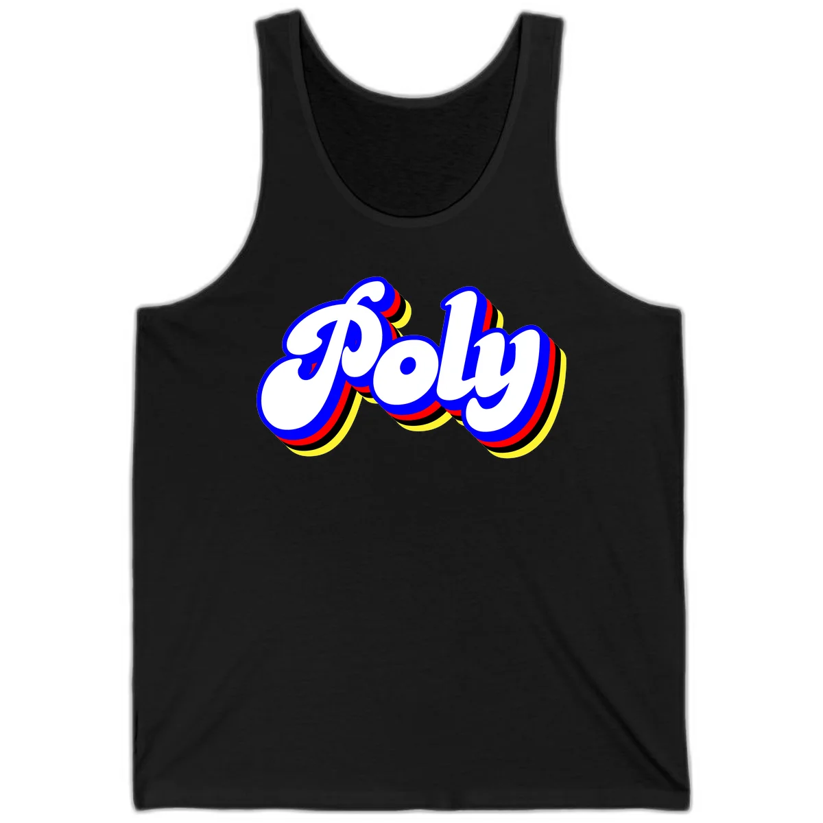 Bold retro 'POP' text with 3D blue outline and colorful red, yellow, black striped bands on gray background in Black