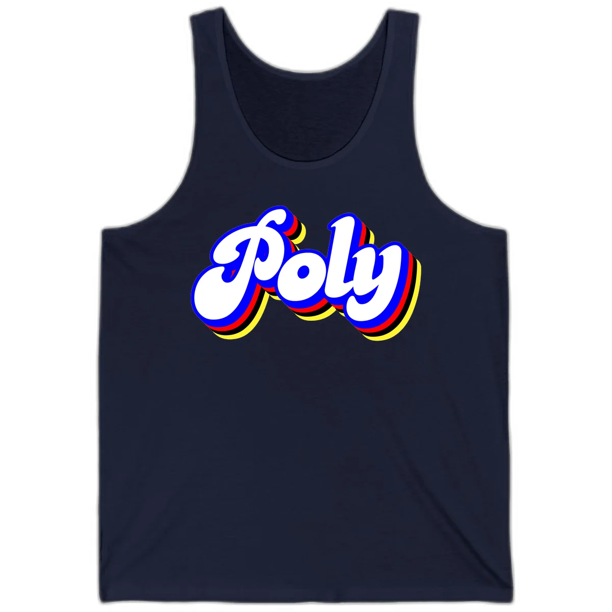 Bold retro 'POP' text with 3D blue outline and colorful red, yellow, black striped bands on gray background in Navy