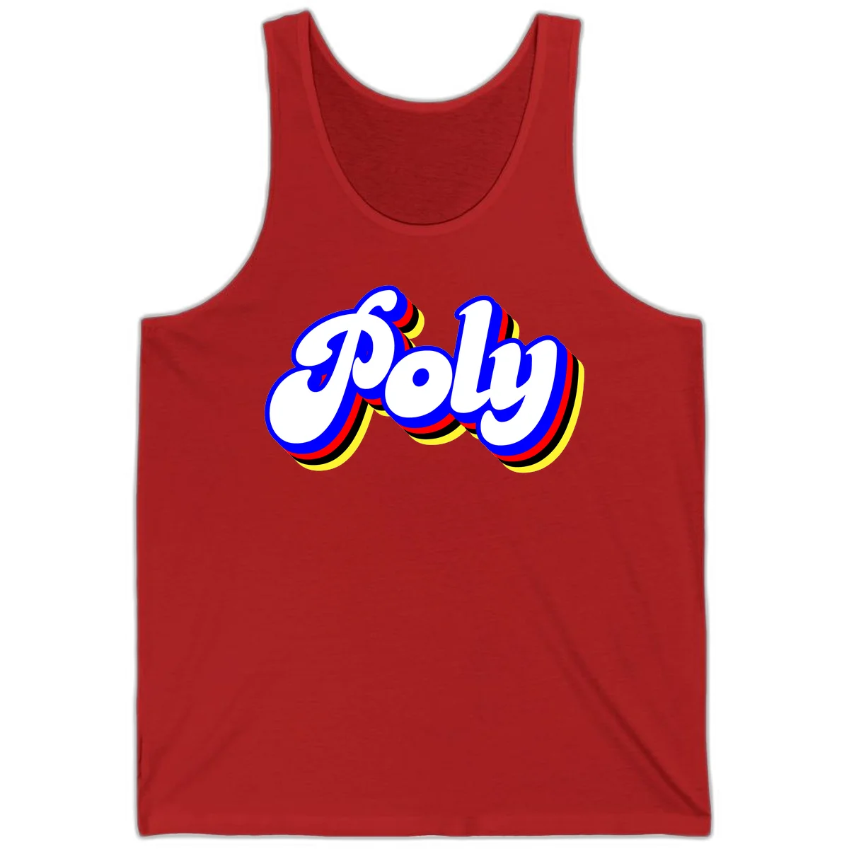 Bold retro 'POP' text with 3D blue outline and colorful red, yellow, black striped bands on gray background in Red