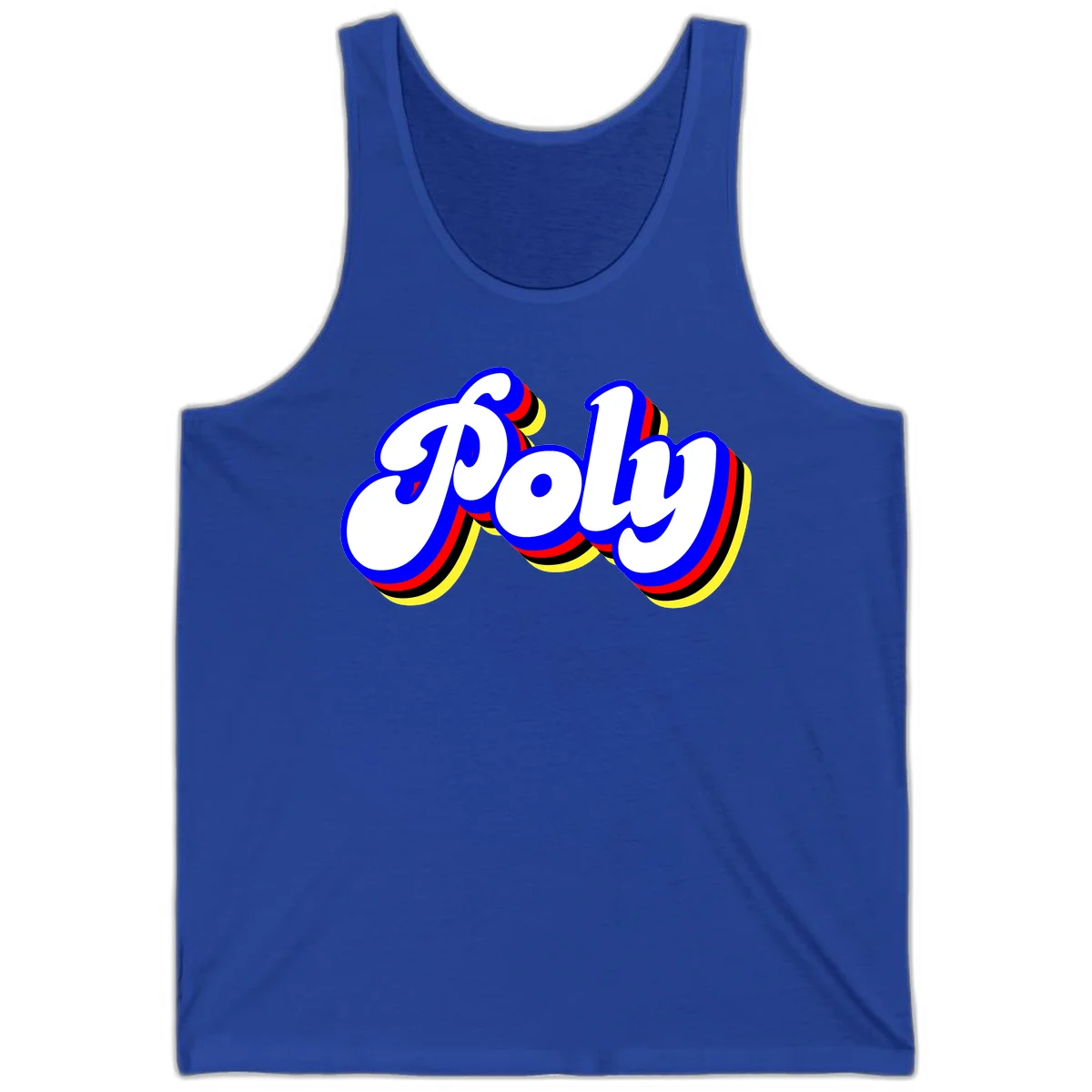 Bold retro 'POP' text with 3D blue outline and colorful red, yellow, black striped bands on gray background in True Royal