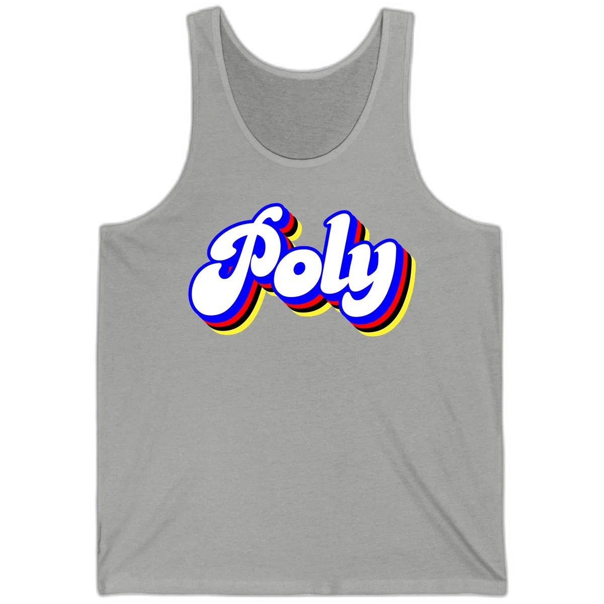 Bold retro 'POP' text with 3D blue outline and colorful red, yellow, black striped bands on gray background in Athletic Heather