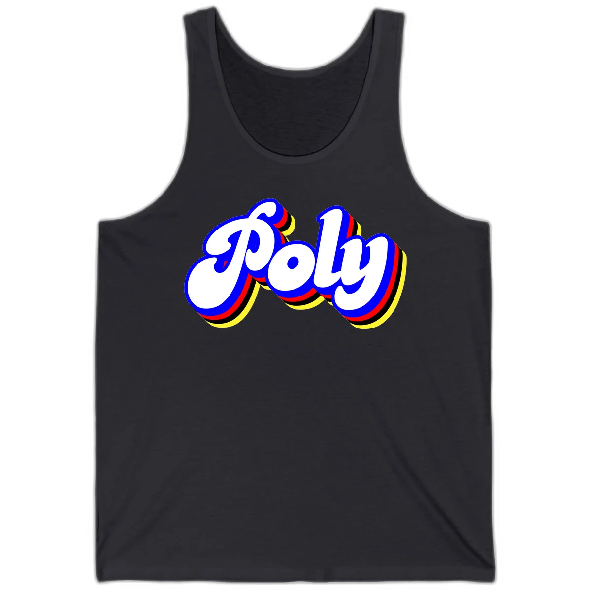 Bold retro 'POP' text with 3D blue outline and colorful red, yellow, black striped bands on gray background in Dark Grey