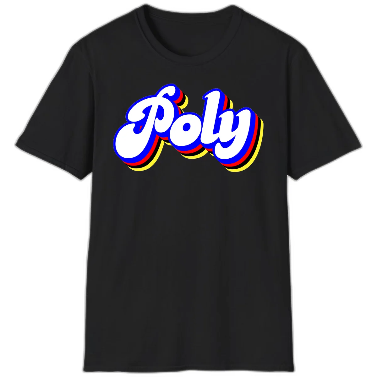 Bold retro 'POP' text with 3D blue outline and colorful red, yellow, black striped bands on gray background in Black