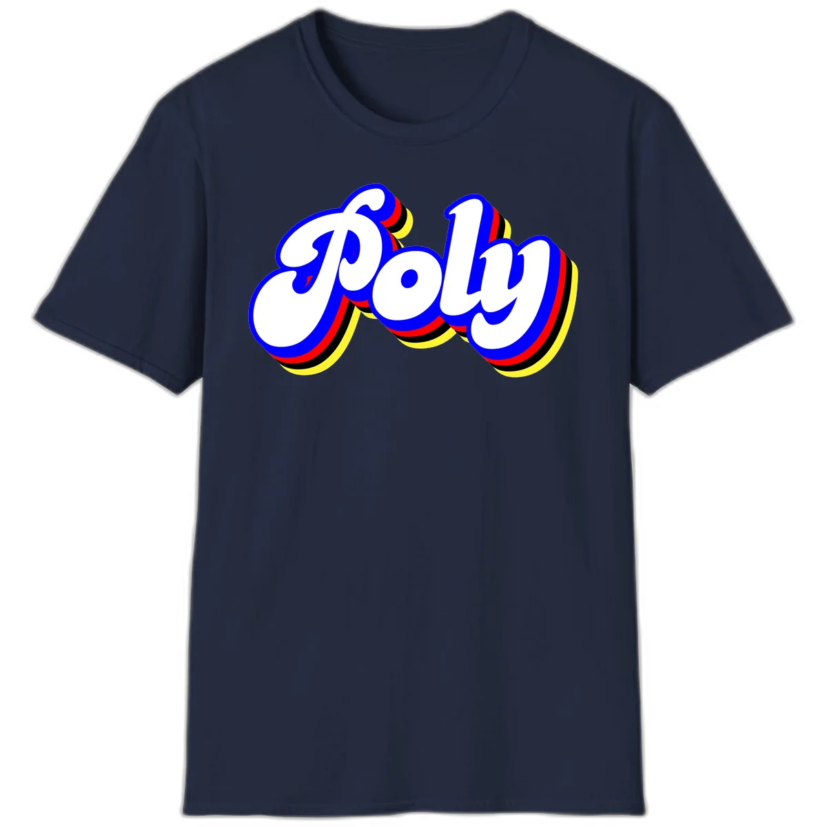 Bold retro 'POP' text with 3D blue outline and colorful red, yellow, black striped bands on gray background in Navy