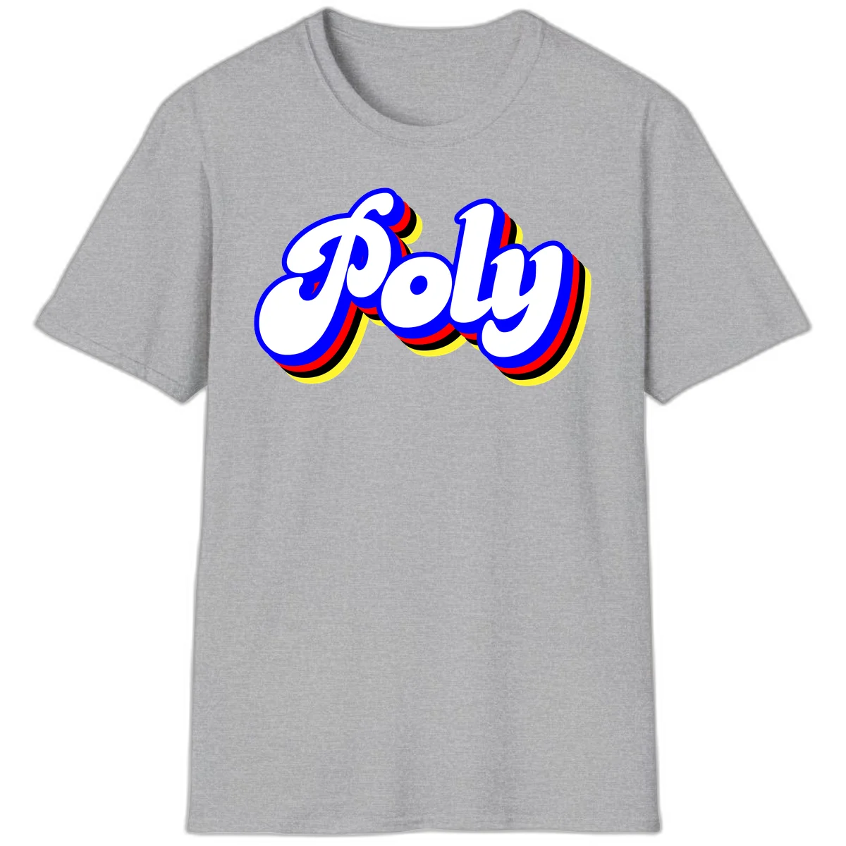 Bold retro 'POP' text with 3D blue outline and colorful red, yellow, black striped bands on gray background in Sport Grey