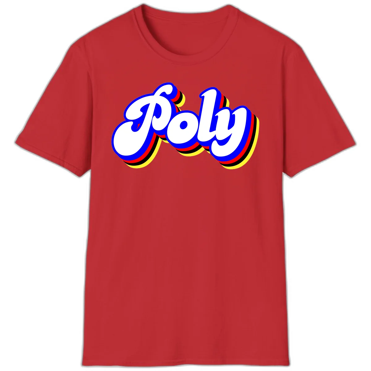 Bold retro 'POP' text with 3D blue outline and colorful red, yellow, black striped bands on gray background in Red