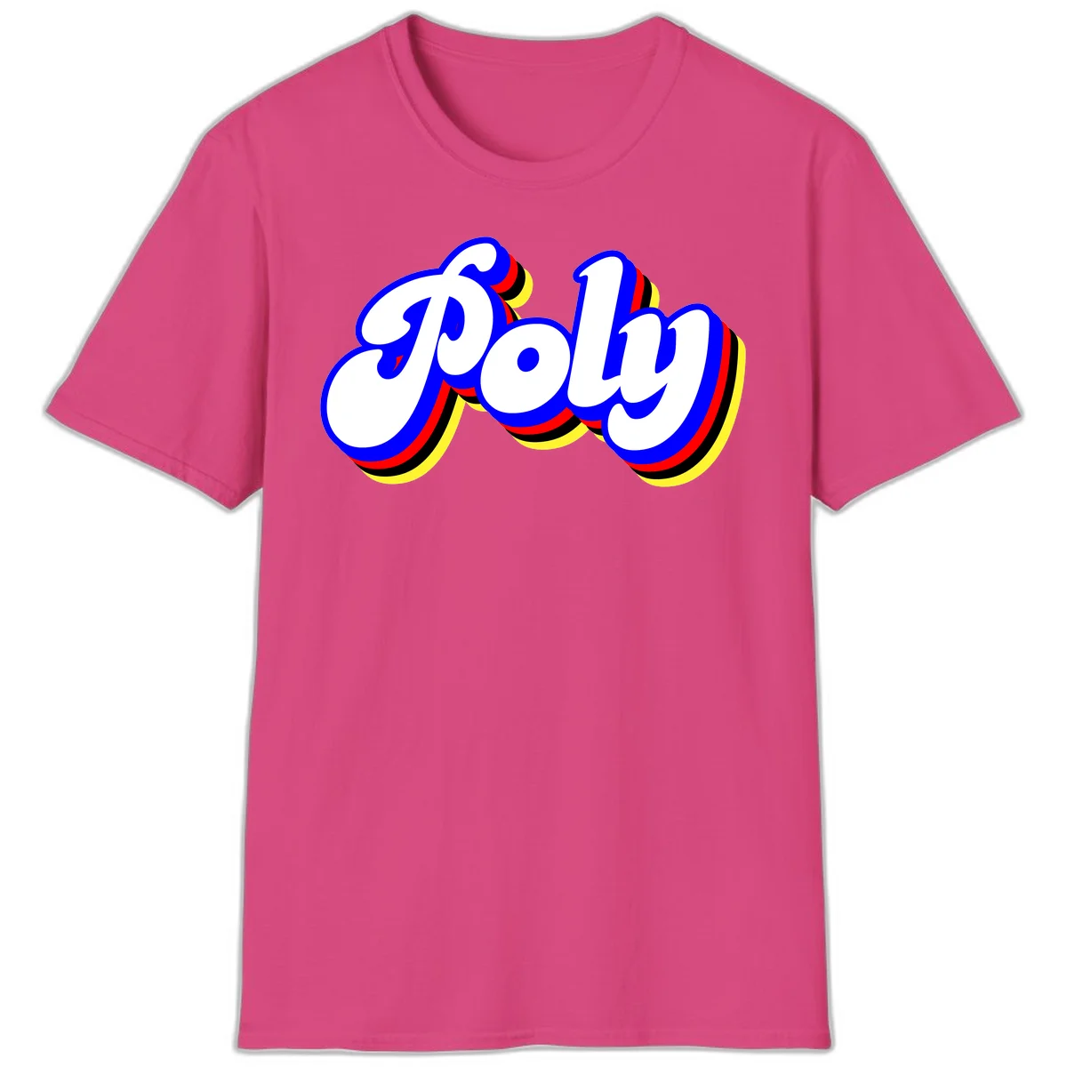 Bold retro 'POP' text with 3D blue outline and colorful red, yellow, black striped bands on gray background in Heliconia