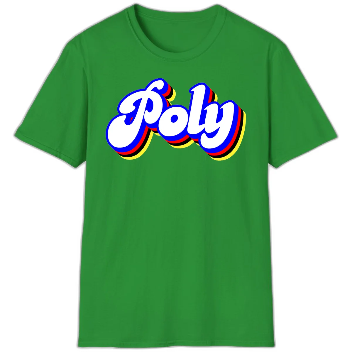 Bold retro 'POP' text with 3D blue outline and colorful red, yellow, black striped bands on gray background in Irish Green