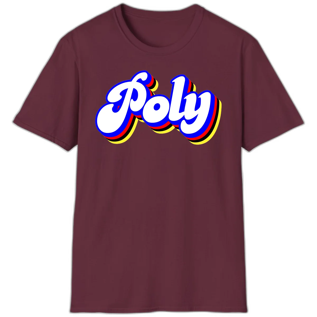 Bold retro 'POP' text with 3D blue outline and colorful red, yellow, black striped bands on gray background in Maroon