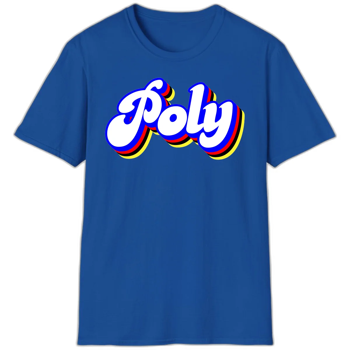 Bold retro 'POP' text with 3D blue outline and colorful red, yellow, black striped bands on gray background in Royal